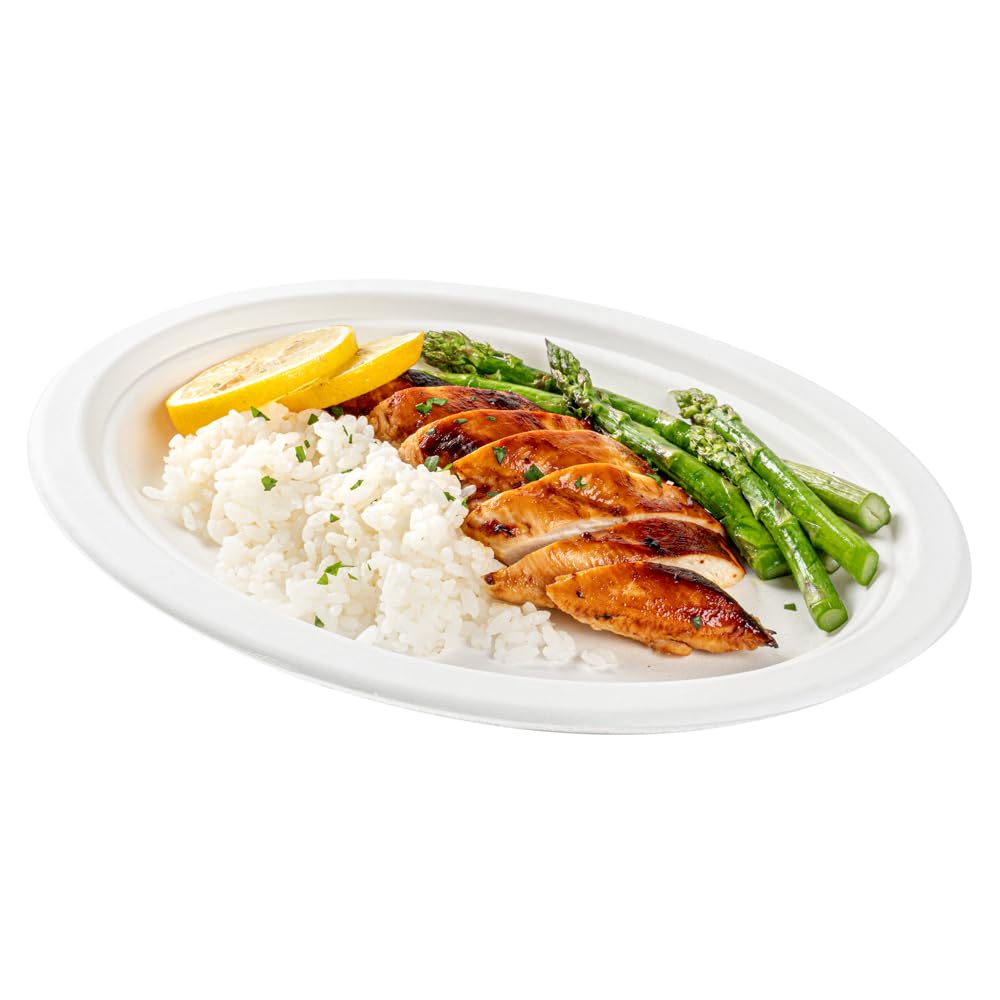 Restaurantware Pulp Safe No PFAS Added 10.4 x 7.8 Inch Medium Oval Plates 100 Disposable Plates - Home Compostable Microwavable And Freezable White Bagasse Plates For Hot And Cold Foods