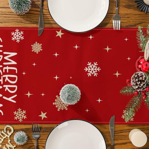 Siilues Christmas Table Runner 13x36 in - Trees, Snowflakes & Merry Christmas, Holiday Decor