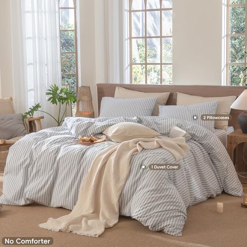 100% Washed Cotton Striped Duvet Cover Set - Queen Soft Linen Texture Bedding