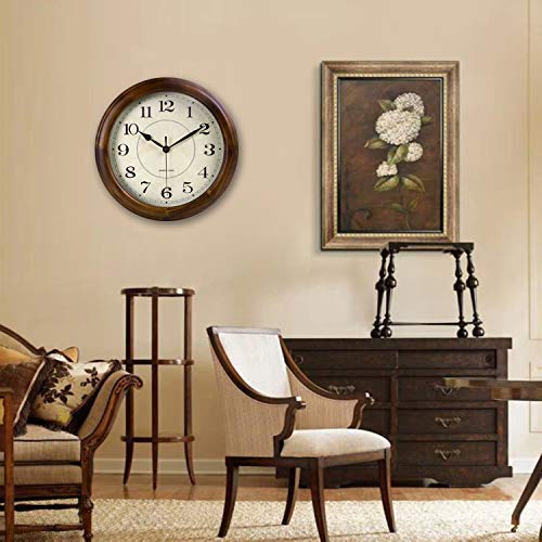 14-Inch Silent Wood Wall Clock, Large Non-Ticking Retro Analog Clock