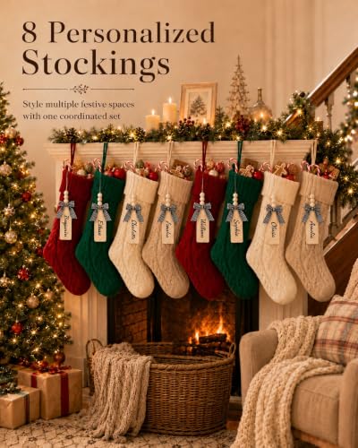 8-Pack 18 Inch Personalized Knit Christmas Stockings with Wooden Name Tags - Red, White, Green, Khaki