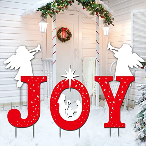 Mishunyus JOY Nativity Yard Signs - Red & White Outdoor Christmas Decor with Stakes (5 pcs)