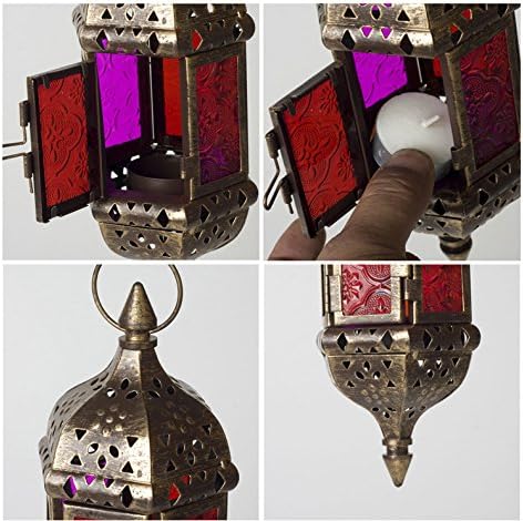Skiennix Moroccan Candle Lantern Set - Metal Hanging Tealight Holders with Glass | 13.8-Inch Vintage Bronze Gold
