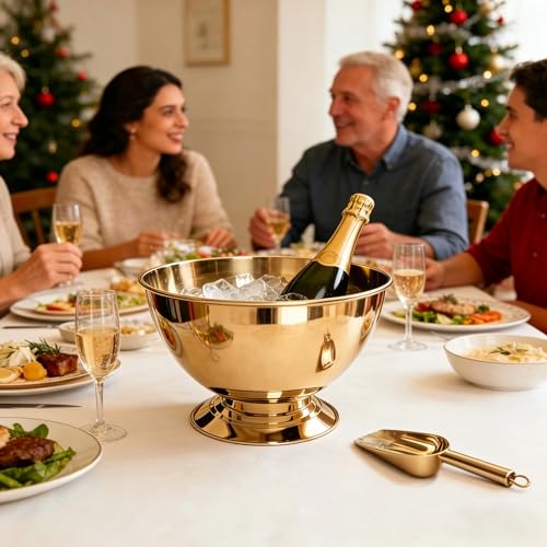 Stainless Steel Champagne Bucket with Scoop - Large 15.3" Wine Chiller for 8 Bottles, Mirror Finish, Heavy Duty, Gold