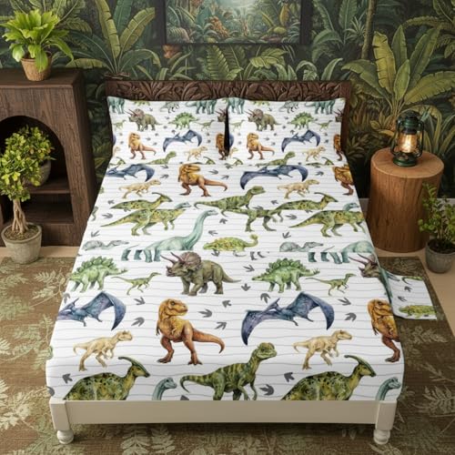 4-Piece Dinosaur Twin Sheet Set - Kids Jurassic Bedding with Deep Pocket