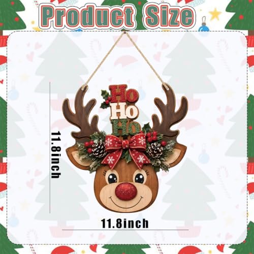 Christmas Reindeer Door Hanging Sign with HO HO HO - Holiday Decor, Rustic Christmas Door Ornament, Reindeer Christmas Decoration - Mokesova