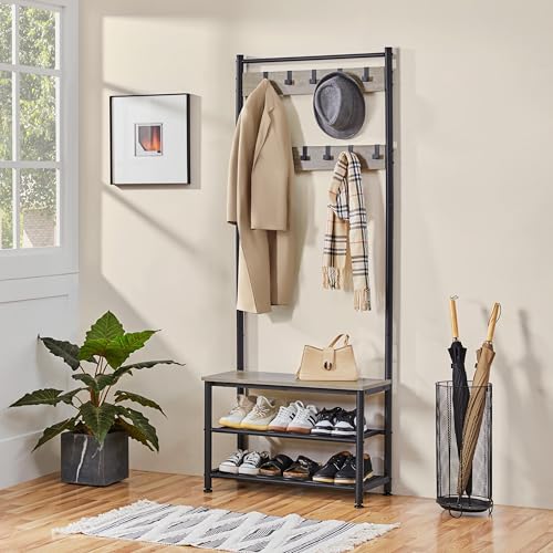 3-in-1 Hall Tree with Storage Bench, Shoe Rack, and 9 Movable Hooks, Gray