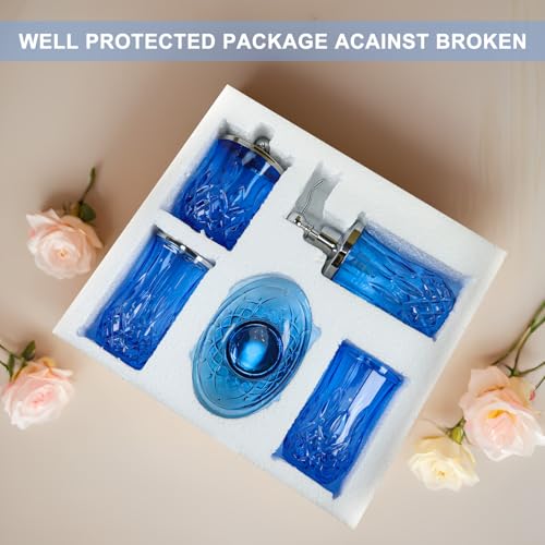 5-Piece Blue Glass Bathroom Accessory Set with Silver Pump and Holders