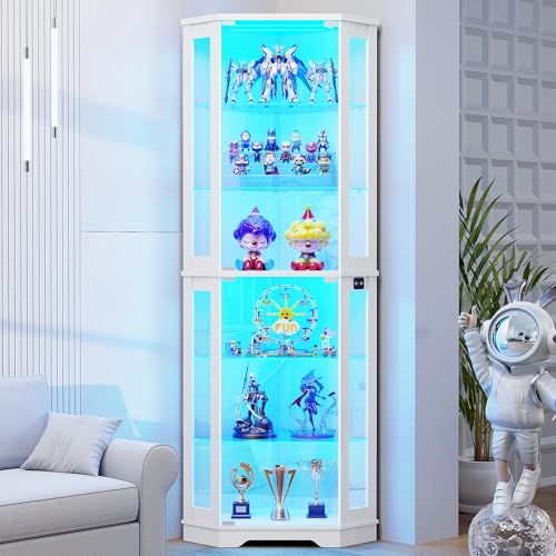 71" Tall Corner Display Cabinet with LED Lights and 6 Glass Shelves