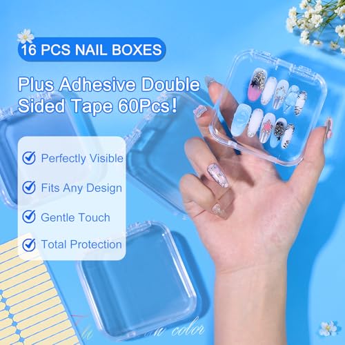 Clear 16 Pcs Acrylic Press-On Nail Storage Cases with Double-Sided Tape - Raisetip