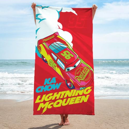 Kids Cars Beach Towel - 28x58 Inch Soft Cotton Lightning McQueen & Friends, Official Disney Pixar Licensed, Red