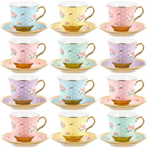 Teenyyou Set of 12 Vintage Style Tea Cups and Saucers, 5.4 Oz - Elegant Porcelain