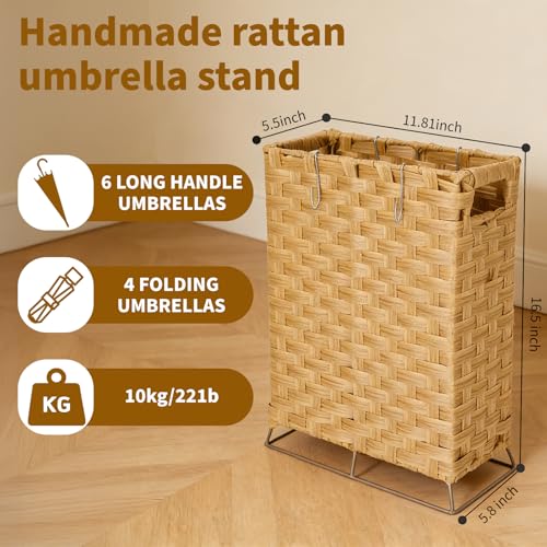 Handwoven Rattan Umbrella Stand with Drip Tray and Hooks