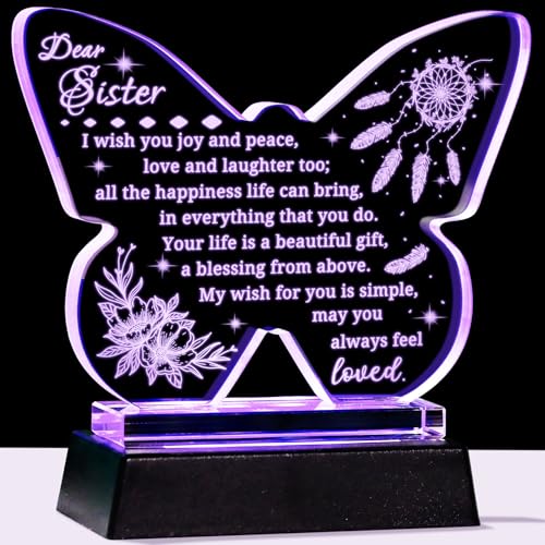 Butterfly Shaped Glass Keepsake for Sister – Laser Engraved Night Light with Colorful LED Base, Gift from Sister (Variation: Sisters Gifts)