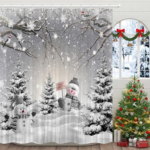 Grey Winter Christmas Shower Curtain 72x72in - Snowman Forest Scene, Waterproof