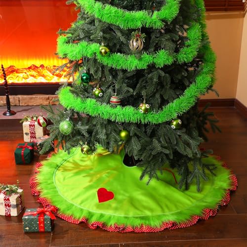 Soulchen 48 Inch Lime Green Christmas Tree Skirt Felt Tree Collar with Plush Trim