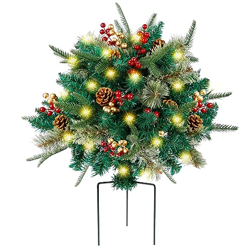 Glintoper Color A Lighted Artificial Christmas Urn Filler with Pre-lit Pine Trees & Berries