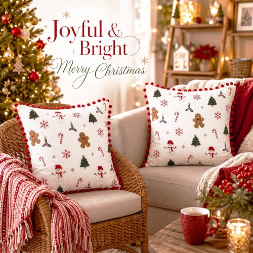 Oudain Christmas Tree Pillow Covers 18x18 Set of 2 with Red Pom Pom Trim - Gingerbread Man & Snowman December Holiday Throw Cushions, 18x18, Velvet