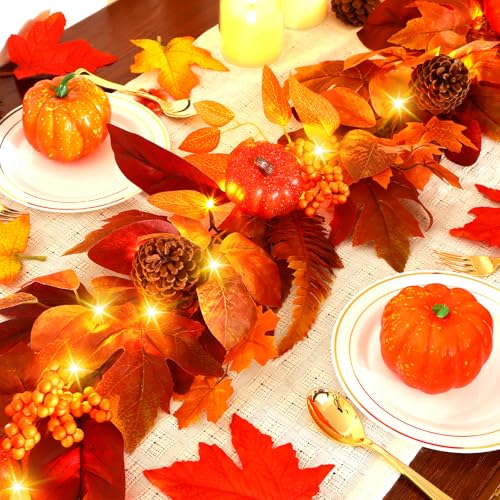 9ft Lighted Fall Garland with Timer, Autumn Maple Leaves & Pumpkins