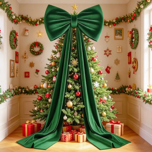 MODFUNS 75x23 Inch Dark Green Velvet Bow Christmas Tree Topper with Ribbon - Oversized Holiday Decoration