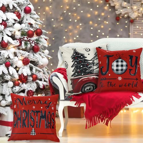 DIYDEC 4 Pack Christmas Pillow Covers 18x18 Inches Red Holiday Decor Set