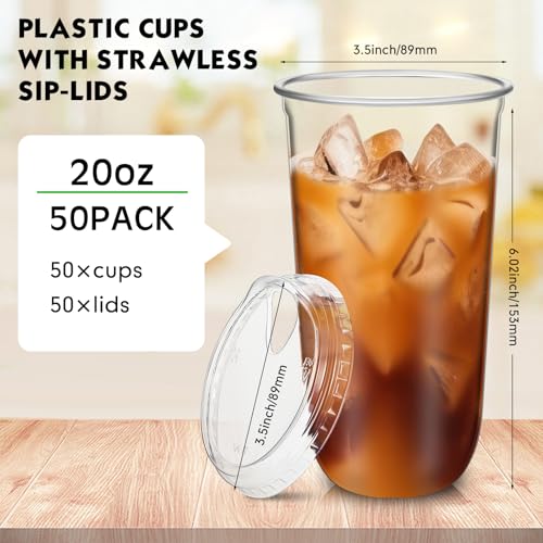 Baderke 50 Pack 20 Oz Clear Plastic Cups with Lids - Strawless Sip Design
