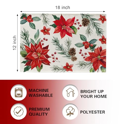 Christmas Poinsettia Placemats Set of 4 - Holiday Red Flower Table Decor