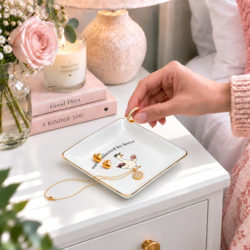 Boy Mom Jewelry Tray - Outnumbered by Boys Gift for Moms of Boys - 4 Inch Ceramic Organizer