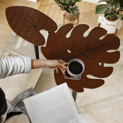 Monstera Leaf Nesting Tables Set of 2, Wooden Side Table Set for Living Room
