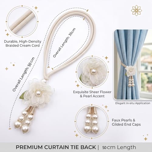 Adjustable Hand-Woven Curtain Tiebacks with Silk Flower and Pearl (Set of 4)