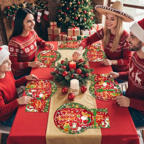 Deorfuy Feliz Navidad Spanish Christmas 96pc Dinnerware Set — 24 Plates, 24 Napkins, 24 Forks