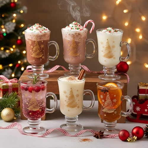 Set of 12 Christmas Snowflake Glass Coffee Mugs 8oz with Handle - Holiday Hot Chocolate & Beverage Cups