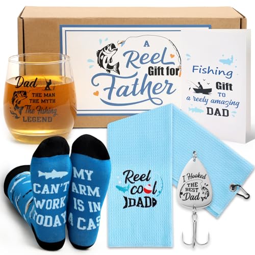 Fishing Gift Set for Dads – 5‑in‑1 Humorous Fishing Gifts, Mason Jar Cup, Socks, Towel & Card