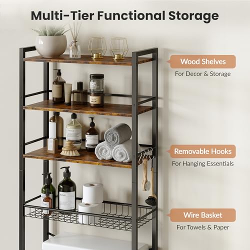 4-Tier Over-the-Toilet Storage Shelf with Basket and Hooks, Rustic Brown