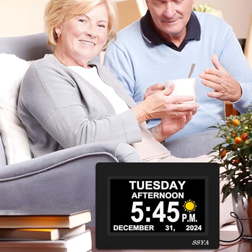 7-Inch Digital Day Calendar Clock - Auto-Dimmable Display with 12 Alarms