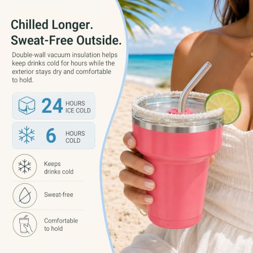 Cafezi Coral Pink 16 oz Insulated Margarita Tumbler with 360° Sippable Lid & Straws