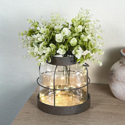 Vintage Glass Farmhouse Vase & Lantern Centerpiece with LED Lights