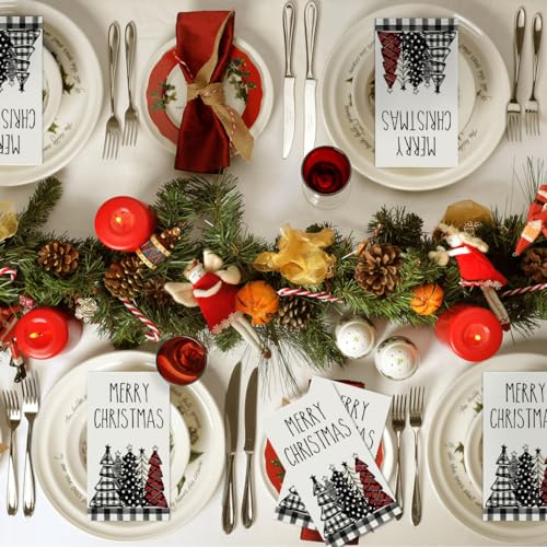 Horaldaily Christmas Paper Napkins 100 Pcs, Xmas Tree Buffalo Plaid, 4.3 x 7.9 Inches, White