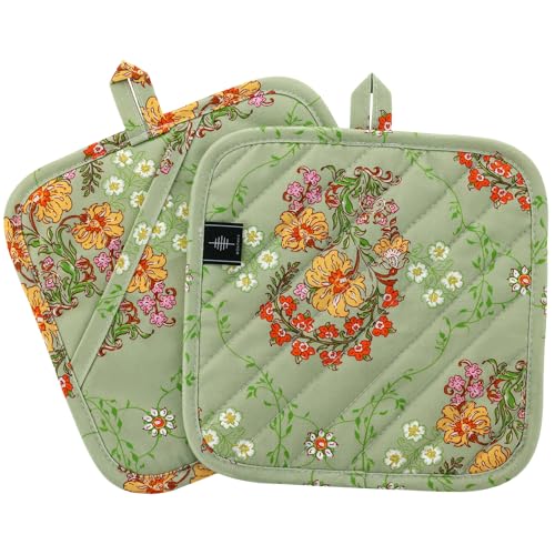 Heat-Resistant Cotton Pot Holders - 2-Piece Kitchen Hot Pads, Floral
