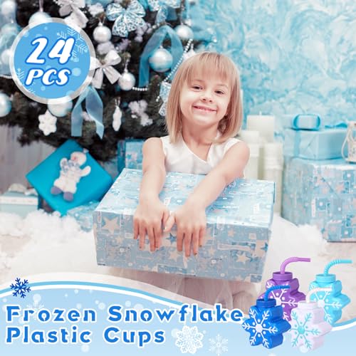Sliner 24 Pack Snowflake Party Cups with Lids & Straws, 10 oz Winter Celebration