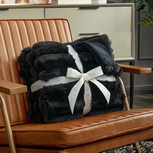 Cozy Bliss Faux Fur Throw Blanket for Couch - Soft Plush Striped, 50x60 Black