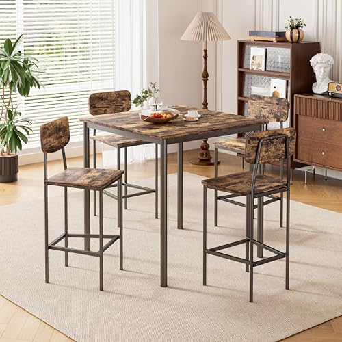 5-Piece Industrial Dining Table Set with 4 Stools, Rustic Space Saving