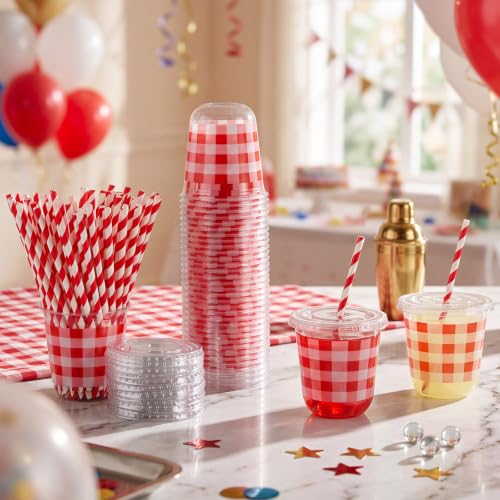 Checkered Red Race Car Party Cups Set with Lids & Straws - 100 Pieces