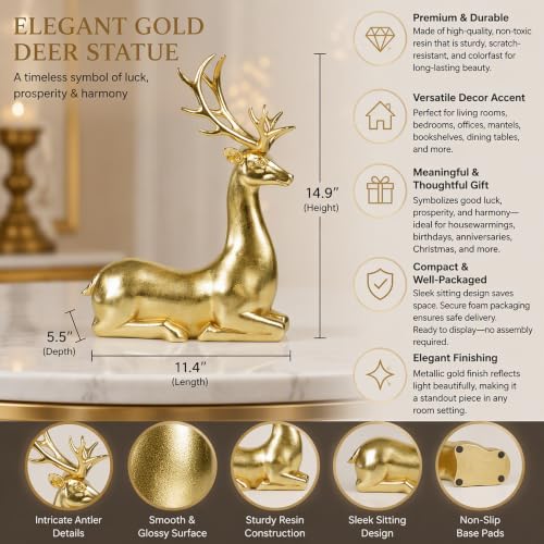 Ferrisland Gold Sitting Reindeer Figurine 14.96in Resin Christmas Decor