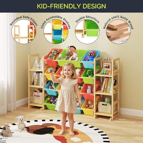 Large Solid Wood Toy Storage Organizer with 12 Bins and Bookshelf