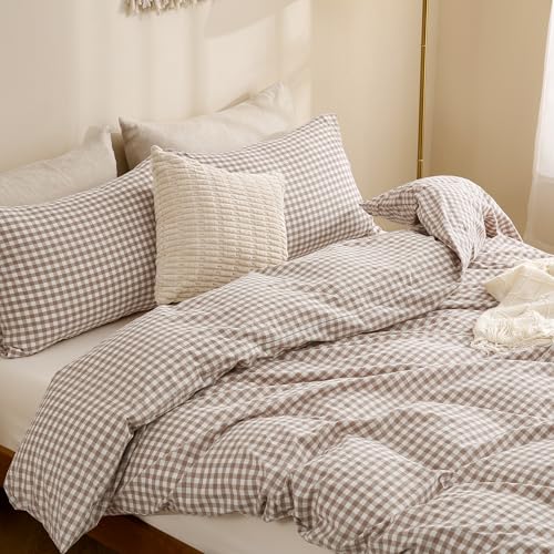 King Tan Gingham Duvet Cover Set - 100% Washed Cotton Linen-Look Bedding