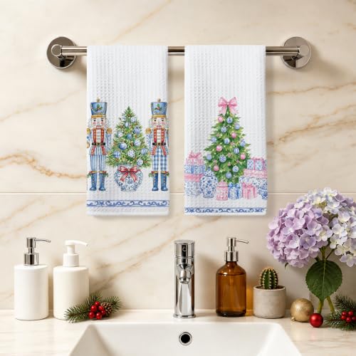 2 Pcs Blue Nutcrackers Christmas Kitchen Towels, 14x24in Premium Waffle-Weave