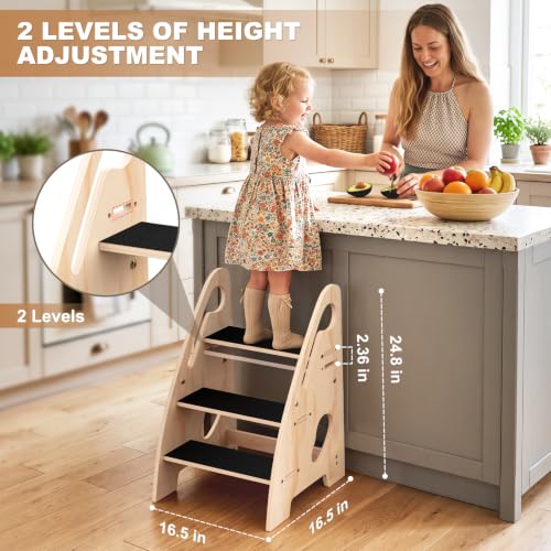 Adjustable Wooden Toddler Step Stool with Handles and Non-Slip Pads