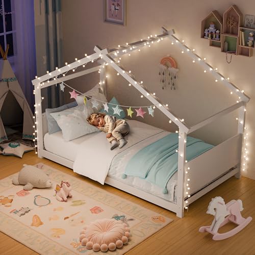 Twin Montessori Floor House Bed, Solid Wood Toddler Bed Frame, White