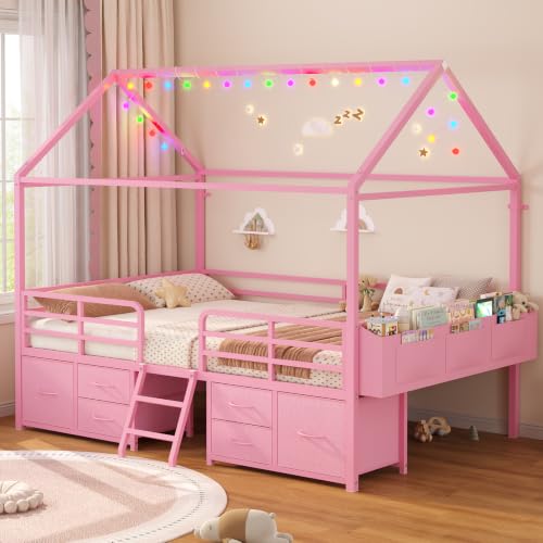 Full Size House Bed Frame with 6 Storage Drawers and Safety Guardrail